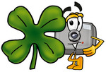 Clip Art Graphic of a Flash Camera Cartoon Character With a Green Four Leaf Clover on St Paddy’s or St Patricks Day