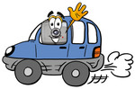 Clip Art Graphic of a Flash Camera Cartoon Character Driving a Blue Car and Waving