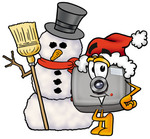 Clip Art Graphic of a Flash Camera Cartoon Character With a Snowman on Christmas