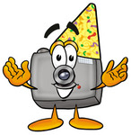 Clip Art Graphic of a Flash Camera Cartoon Character Wearing a Birthday Party Hat