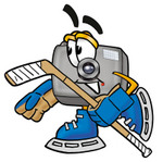 Clip Art Graphic of a Flash Camera Cartoon Character Playing Ice Hockey