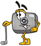 Clip Art Graphic of a Flash Camera Cartoon Character Leaning on a Golf Club While Golfing