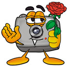 Clip Art Graphic of a Flash Camera Cartoon Character Holding a Red Rose on Valentines Day