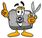 Clip Art Graphic of a Flash Camera Cartoon Character Holding a Pair of Scissors