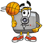 Clip Art Graphic of a Flash Camera Cartoon Character Spinning a Basketball on His Finger
