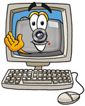Clip Art Graphic of a Flash Camera Cartoon Character Waving From Inside a Computer Screen