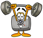 Clip Art Graphic of a Flash Camera Cartoon Character Holding a Heavy Barbell Above His Head