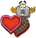Clip Art Graphic of a Flash Camera Cartoon Character With an Open Box of Valentines Day Chocolate Candies