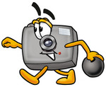 Clip Art Graphic of a Flash Camera Cartoon Character Holding a Bowling Ball