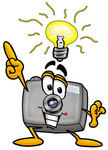 Clip Art Graphic of a Flash Camera Cartoon Character With a Bright Idea