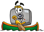 Clip Art Graphic of a Flash Camera Cartoon Character Rowing a Boat