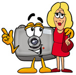 Clip Art Graphic of a Flash Camera Cartoon Character Talking to a Pretty Blond Woman