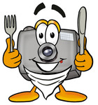 Clip Art Graphic of a Flash Camera Cartoon Character Holding a Knife and Fork