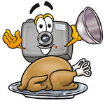 Clip Art Graphic of a Flash Camera Cartoon Character Serving a Thanksgiving Turkey on a Platter