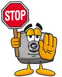 Clip Art Graphic of a Flash Camera Cartoon Character Holding a Stop Sign