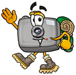 Clip Art Graphic of a Flash Camera Cartoon Character Hiking and Carrying a Backpack