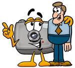 Clip Art Graphic of a Flash Camera Cartoon Character Talking to a Business Man