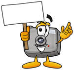 Clip Art Graphic of a Flash Camera Cartoon Character Holding a Blank Sign