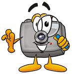 Clip Art Graphic of a Flash Camera Cartoon Character Looking Through a Magnifying Glass