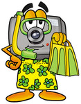 Clip Art Graphic of a Flash Camera Cartoon Character in Green and Yellow Snorkel Gear
