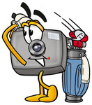 Clip Art Graphic of a Flash Camera Cartoon Character Swinging His Golf Club While Golfing