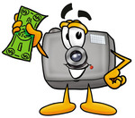 Clip Art Graphic of a Flash Camera Cartoon Character Holding a Dollar Bill