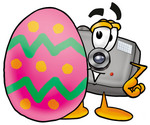 Clip Art Graphic of a Flash Camera Cartoon Character Standing Beside an Easter Egg