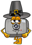 Clip Art Graphic of a Flash Camera Cartoon Character Wearing a Pilgrim Hat on Thanksgiving