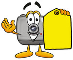 Clip Art Graphic of a Flash Camera Cartoon Character Holding a Yellow Sales Price Tag