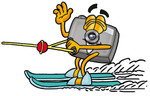 Clip Art Graphic of a Flash Camera Cartoon Character Waving While Water Skiing