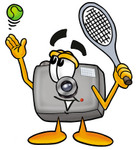 Clip Art Graphic of a Flash Camera Cartoon Character Preparing to Hit a Tennis Ball