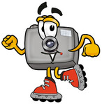Clip Art Graphic of a Flash Camera Cartoon Character Roller Blading on Inline Skates
