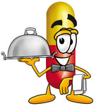 Clip Art Graphic of a Red and Yellow Pill Capsule Cartoon Character Dressed as a Waiter and Holding a Serving Platter