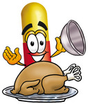 Clip Art Graphic of a Red and Yellow Pill Capsule Cartoon Character Serving a Thanksgiving Turkey on a Platter