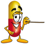 Clip Art Graphic of a Red and Yellow Pill Capsule Cartoon Character Holding a Pointer Stick