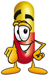 Clip Art Graphic of a Red and Yellow Pill Capsule Cartoon Character Pointing at the Viewer