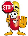 Clip Art Graphic of a Red and Yellow Pill Capsule Cartoon Character Holding a Stop Sign