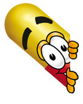 Clip Art Graphic of a Red and Yellow Pill Capsule Cartoon Character Peeking Around a Corner