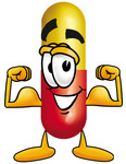 Clip Art Graphic of a Red and Yellow Pill Capsule Cartoon Character Flexing His Arm Muscles