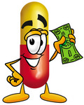 Clip Art Graphic of a Red and Yellow Pill Capsule Cartoon Character Holding a Dollar Bill