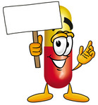 Clip Art Graphic of a Red and Yellow Pill Capsule Cartoon Character Holding a Blank Sign