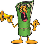 Clip Art Graphic of a Rolled Green Carpet Cartoon Character Screaming Into a Megaphone