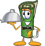 Clip Art Graphic of a Rolled Green Carpet Cartoon Character Dressed as a Waiter and Holding a Serving Platter