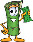 Clip Art Graphic of a Rolled Green Carpet Cartoon Character Holding a Dollar Bill