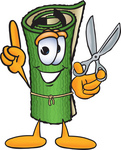 Clip Art Graphic of a Rolled Green Carpet Cartoon Character Holding a Pair of Scissors