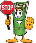 Clip Art Graphic of a Rolled Green Carpet Cartoon Character Holding a Stop Sign
