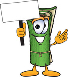 Clip Art Graphic of a Rolled Green Carpet Cartoon Character Holding a Blank Sign