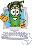 Clip Art Graphic of a Rolled Green Carpet Cartoon Character Waving From Inside a Computer Screen
