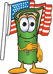 Clip Art Graphic of a Rolled Green Carpet Cartoon Character Pledging Allegiance to an American Flag