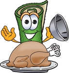 Clip Art Graphic of a Rolled Green Carpet Cartoon Character Serving a Thanksgiving Turkey on a Platter